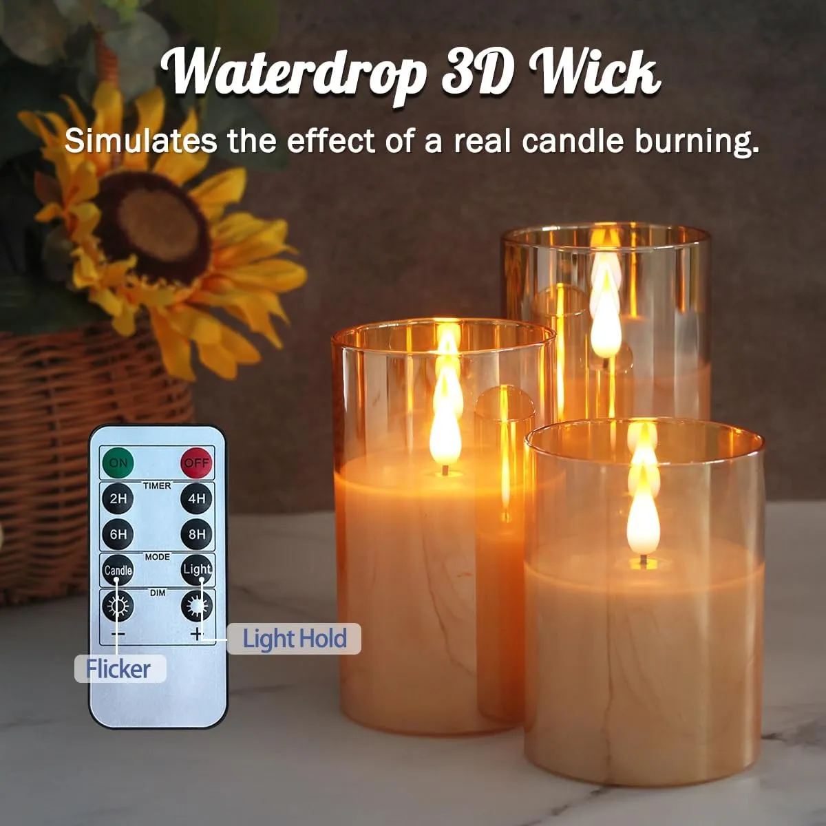 Rechargeable Flameless Candle, Flashing LED Pillar Real Wax Candle with Remote Control and Timer, Upgraded Teardrop Wick, Gold Glass Electronic Candle, 1 Set of 3