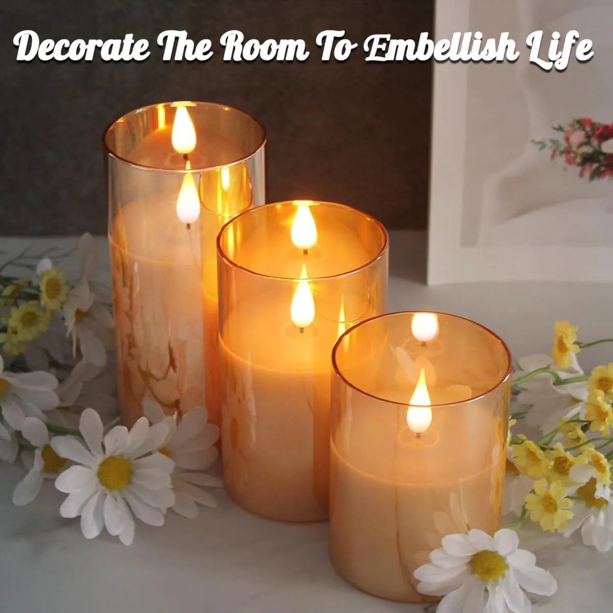 Rechargeable Flameless Candle, Flashing LED Pillar Real Wax Candle with Remote Control and Timer, Upgraded Teardrop Wick, Gold Glass Electronic Candle, 1 Set of 3