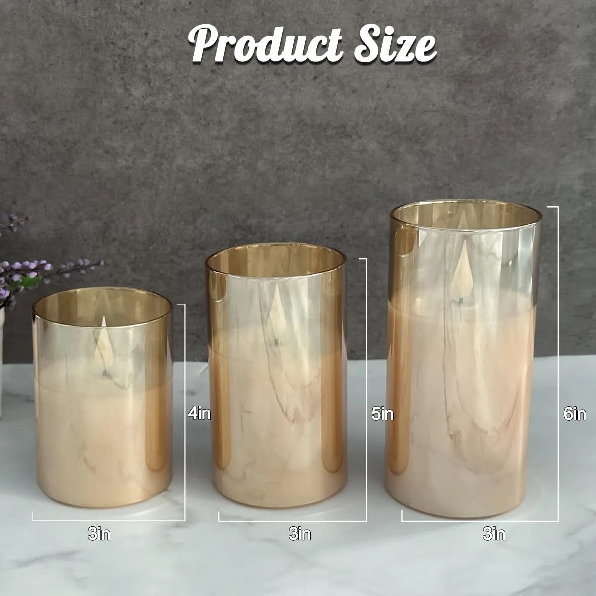 Rechargeable Flameless Candle, Flashing LED Pillar Real Wax Candle with Remote Control and Timer, Upgraded Teardrop Wick, Gold Glass Electronic Candle, 1 Set of 3
