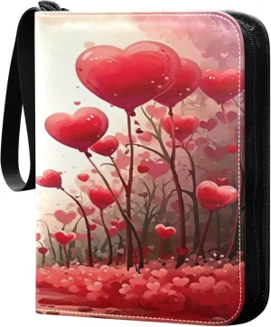 Red Hearts Card Binder 4 Pocket Collectible Trading Card Albums with 50 Sleeves Double Side PU Waterproof 3 Ring for Sports & Game Cards