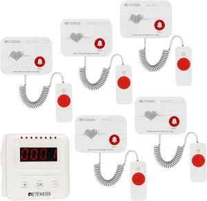 Retekess TH106 Elderly Monitoring System, Life Alert Systems, Plug and Battery Powered Support, 656ft, 5 Pull Rope Call Button for Home, Clinic, Nursing Home