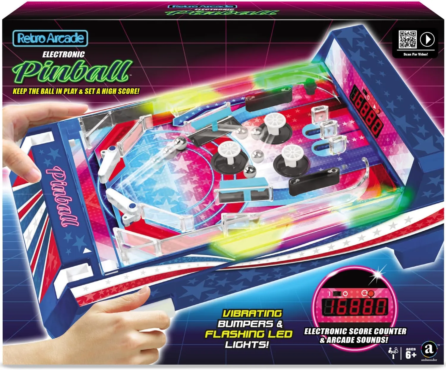 Retro Arcade Electronic: Pinball - Tabletop Game, Vibrating Bumpers, LED Lights, Sound Effects, 1 Player, Ages 6 