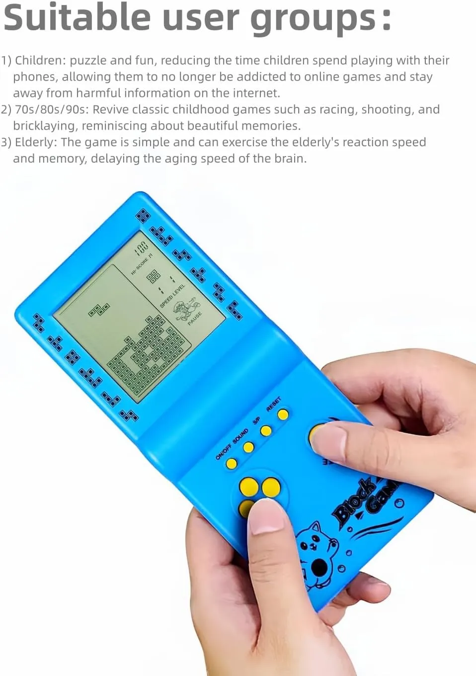 Retro Classic Block Game Console Multiple Games Adjustable Level/Speed Handheld Porable Console Brick Game/Racing/Tank Battle Puzzle Game Electronic Toys Children/Friends (Black)