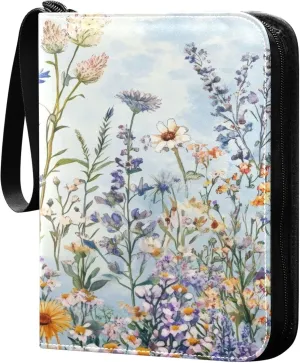 Retro Wildflowers Card Binder 4 Pocket Collectible Trading Card Albums with 50 Sleeves Double Side PU Waterproof 3 Ring for Sports & Game Cards