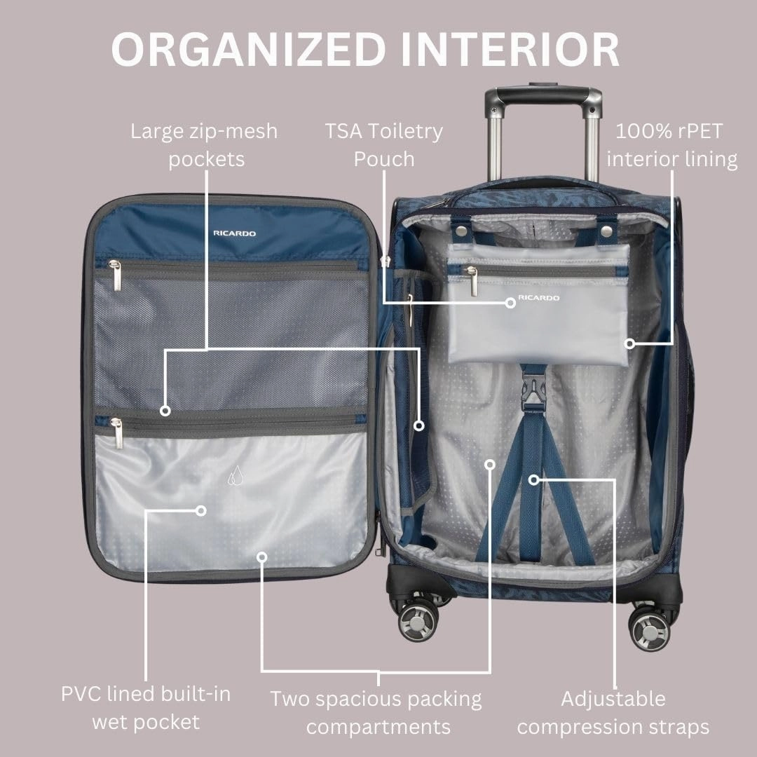Ricardo Beverly Hills Avalon Softside Carry-On Luggage Made with Sustainable 100% Recycled PET (rPET), Lightweight, Eco-Friendly Travel, Expandable, Dual Spinner Wheels, Serengeti Night, 20-inch