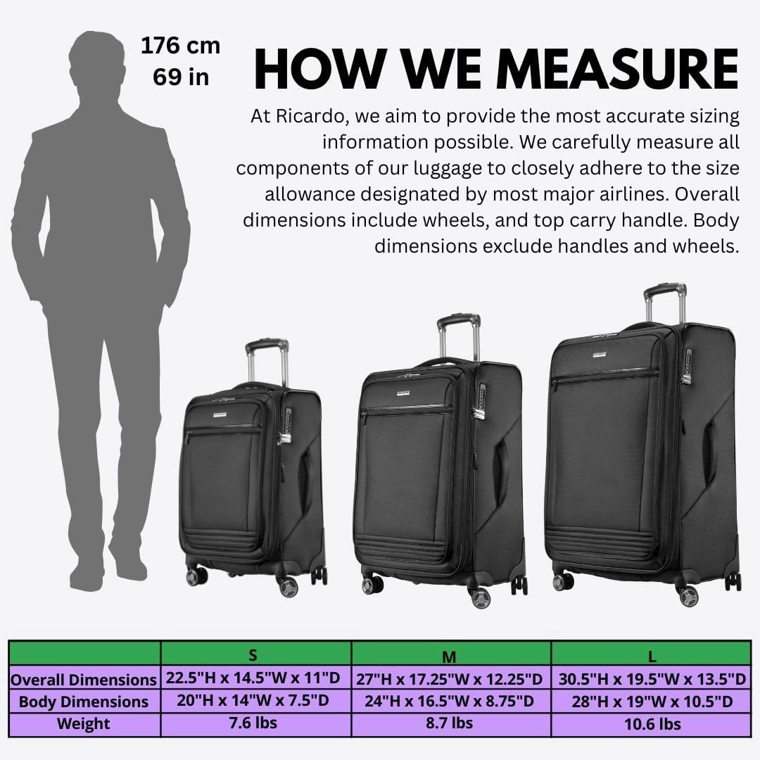Ricardo Beverly Hills Avalon Softside Medium Check-In Luggage Made with Sustainable 100% Recycled PET (rPET), Lightweight, Eco-Friendly Travel, Expandable, Dual Spinner Wheels, Black, 24-inch