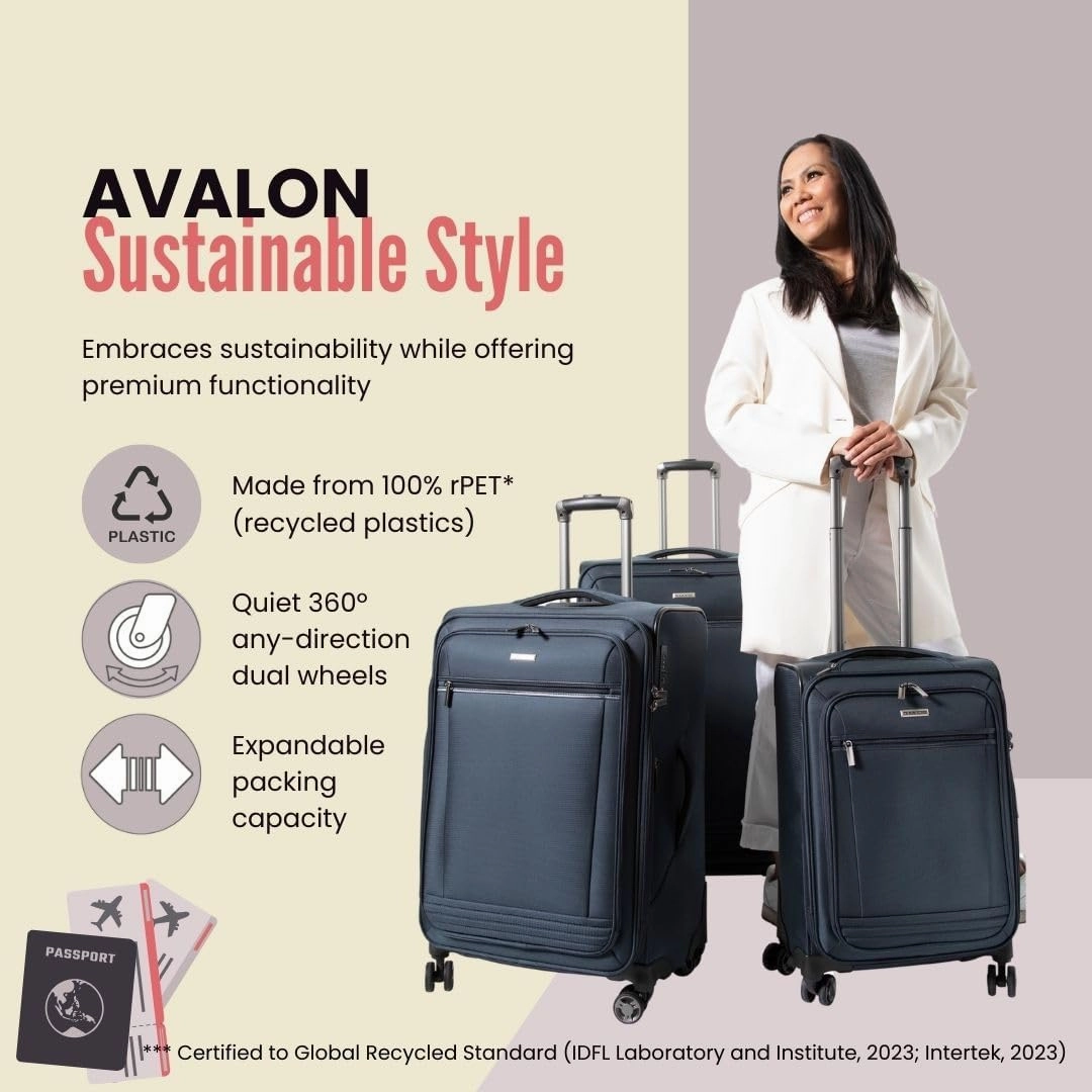 Ricardo Beverly Hills Avalon Softside Medium Check-In Luggage Made with Sustainable 100% Recycled PET (rPET), Lightweight, Eco-Friendly Travel, Expandable, Dual Spinner Wheels, Black, 24-inch