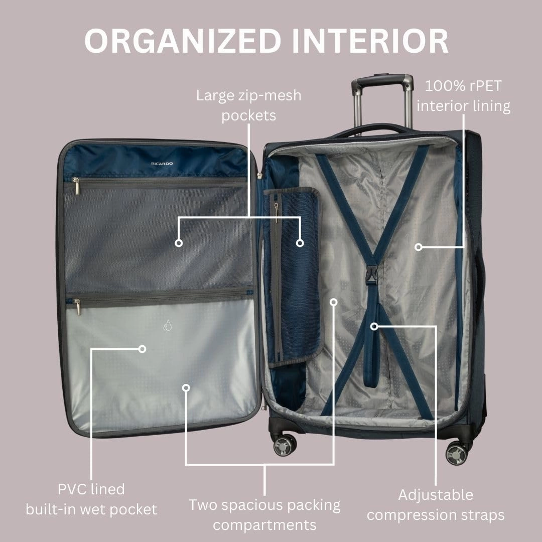 Ricardo Beverly Hills Avalon Softside Medium Check-In Luggage Made with Sustainable 100% Recycled PET (rPET), Lightweight, Eco-Friendly Travel, Expandable, Dual Spinner Wheels, Black, 24-inch