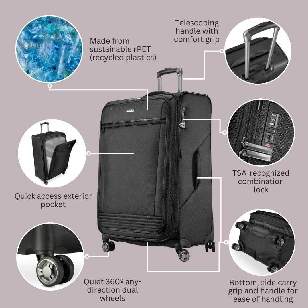 Ricardo Beverly Hills Avalon Softside Medium Check-In Luggage Made with Sustainable 100% Recycled PET (rPET), Lightweight, Eco-Friendly Travel, Expandable, Dual Spinner Wheels, Black, 24-inch