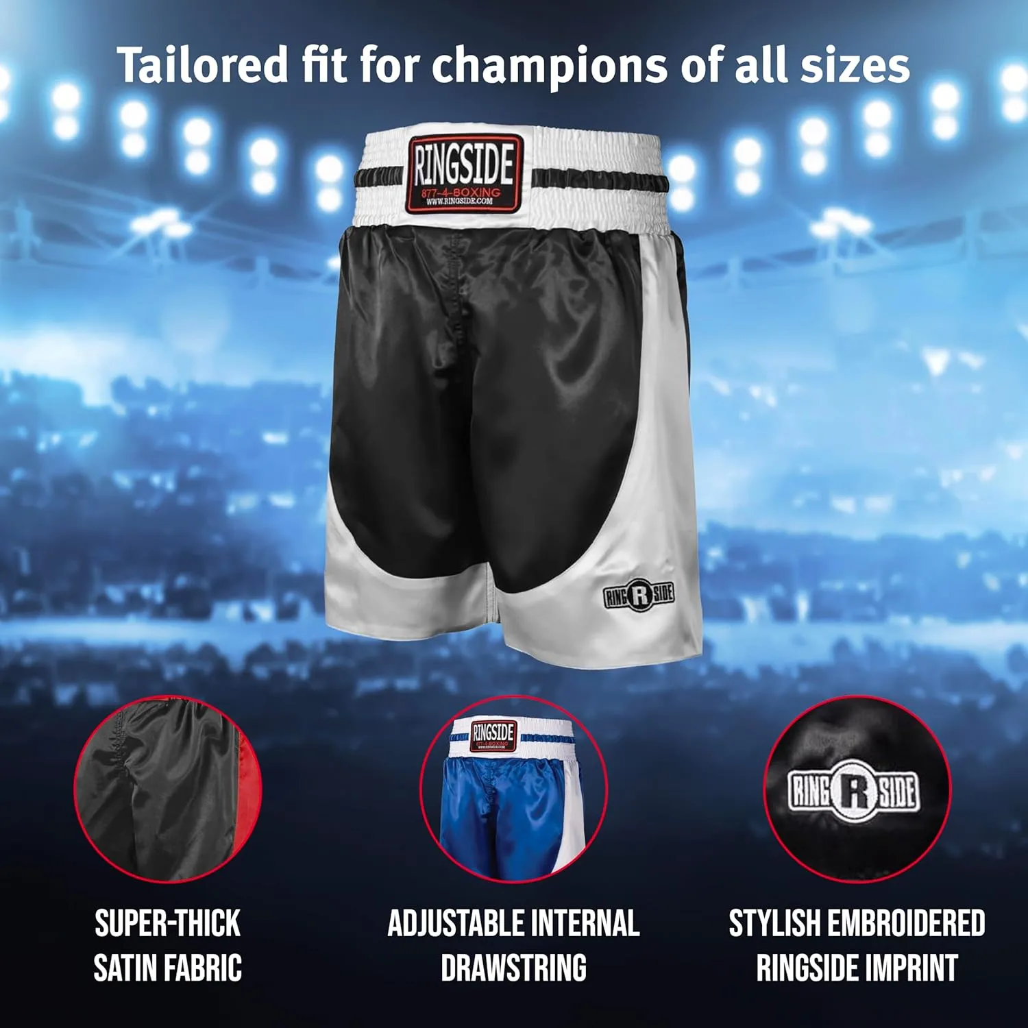 Ringside Pro-Style Boxing Trunks, Satin Shorts for Men and Women, Ideal for Boxing, MMA, Muay Thai