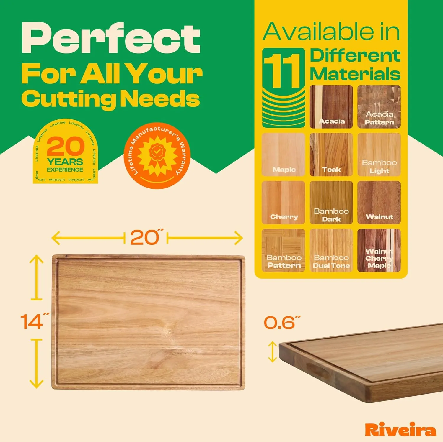 Riveira Acacia Wood Cutting Board – Gourmet Acacia Grandeur: 20 x 14 Wooden Cutting Board – Natural Wooden Cutting Boards For Kitchen Decorative – Innovative Juice Grooves Acacia Wooden Chopping Board