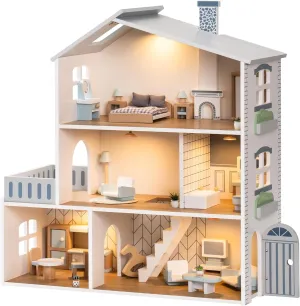 ROBUD Doll House, Wooden Dollhouse with 6 Rooms, 29-pcs Realistic Accessories, Dollhouse Playset for 4-6 Inch Dolls, Gifts for Kids & Toddlers, Nordic Style, Ages 3 