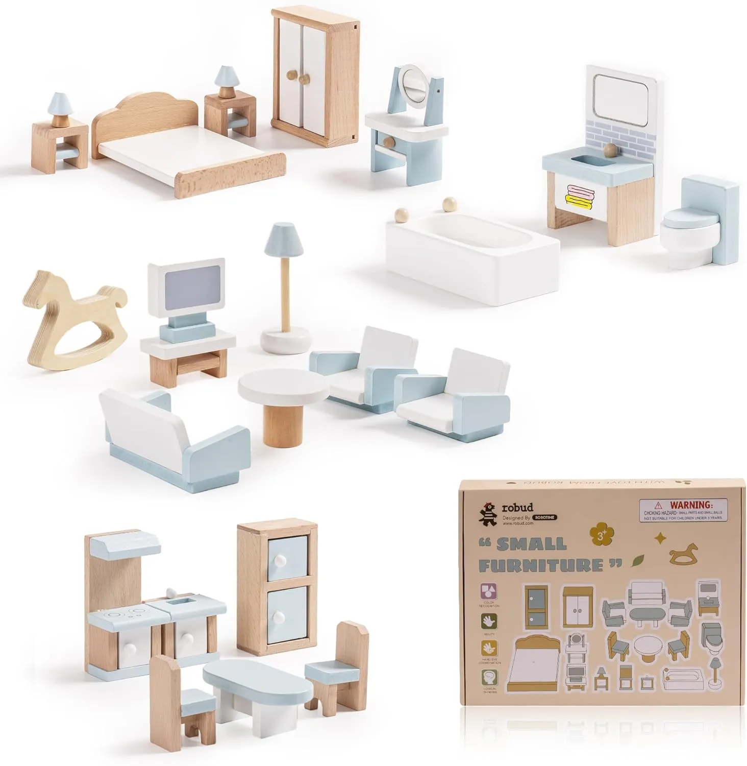 ROBUD Wooden Dollhouse Furniture Set, 23 Pcs Dollhouse Accessories, Miniature Furniture Including 5 Room Kits, Dollhouse Furniture Pretend Play Toys for Boys, Girls & Toddlers, 3 