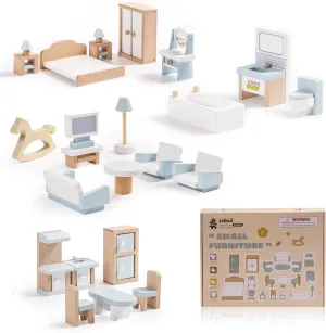 ROBUD Wooden Dollhouse Furniture Set, 23 Pcs Dollhouse Accessories, Miniature Furniture Including 5 Room Kits, Dollhouse Furniture Pretend Play Toys for Boys, Girls & Toddlers, 3 