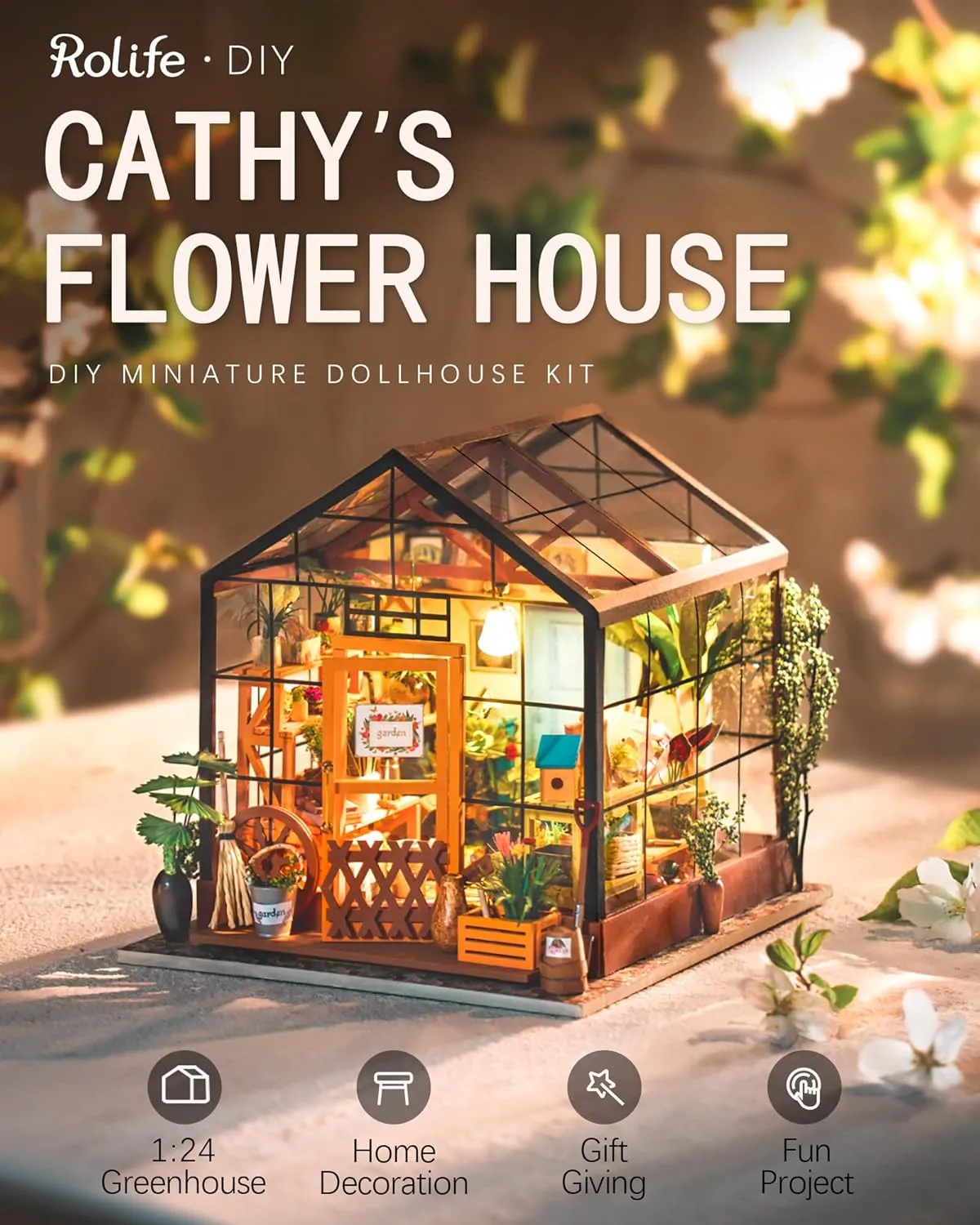Rolife DIY Miniature Dollhouse Kit,Green House with Furniture and LED,Wooden Dollhouse Kit,Best Birthday and Valentine's Day Gift for Women and Girls