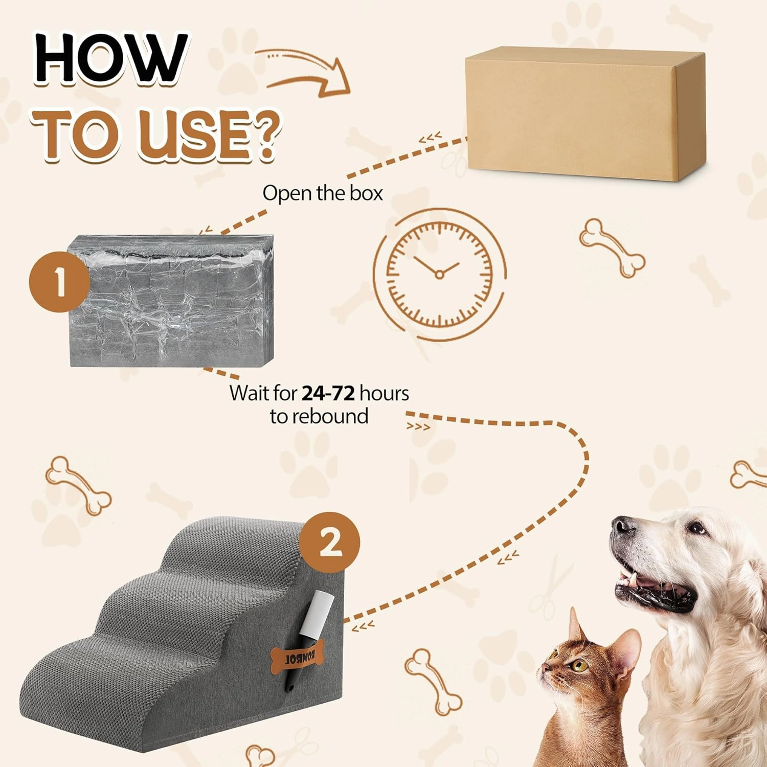 Romrol Dog Stairs Ramp for Beds Couches, Extra Wide Pet Steps with Durable Non-Slip Waterproof Fabric Cover, Dog Slope Stairs for Small Dogs and Cats or Pets Friendly, 3-Tiers, 13 Inch, Grey