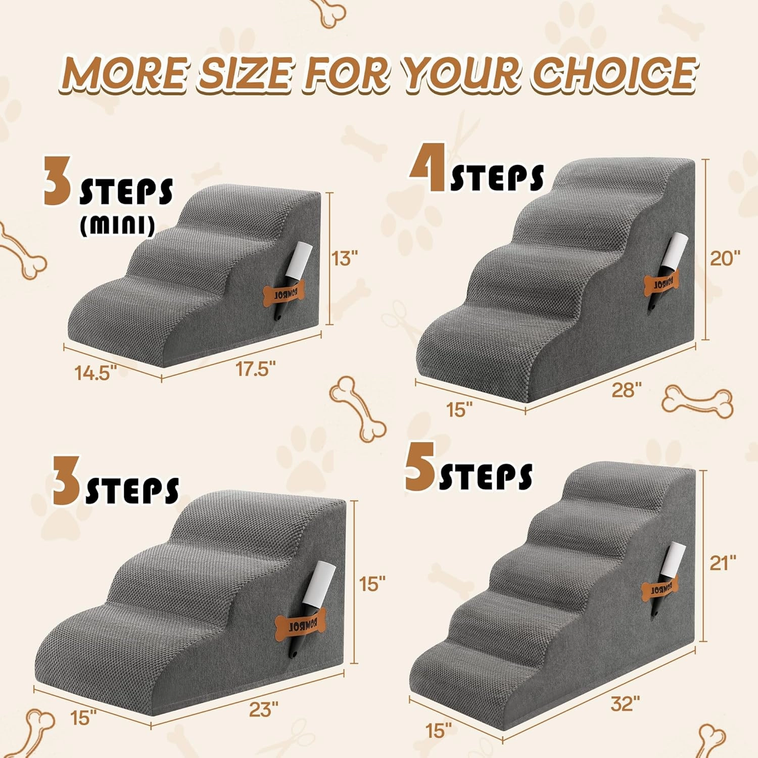 Romrol Dog Stairs Ramp for Beds Couches, Extra Wide Pet Steps with Durable Non-Slip Waterproof Fabric Cover, Dog Slope Stairs for Small Dogs and Cats or Pets Friendly, 3-Tiers, 13 Inch, Grey