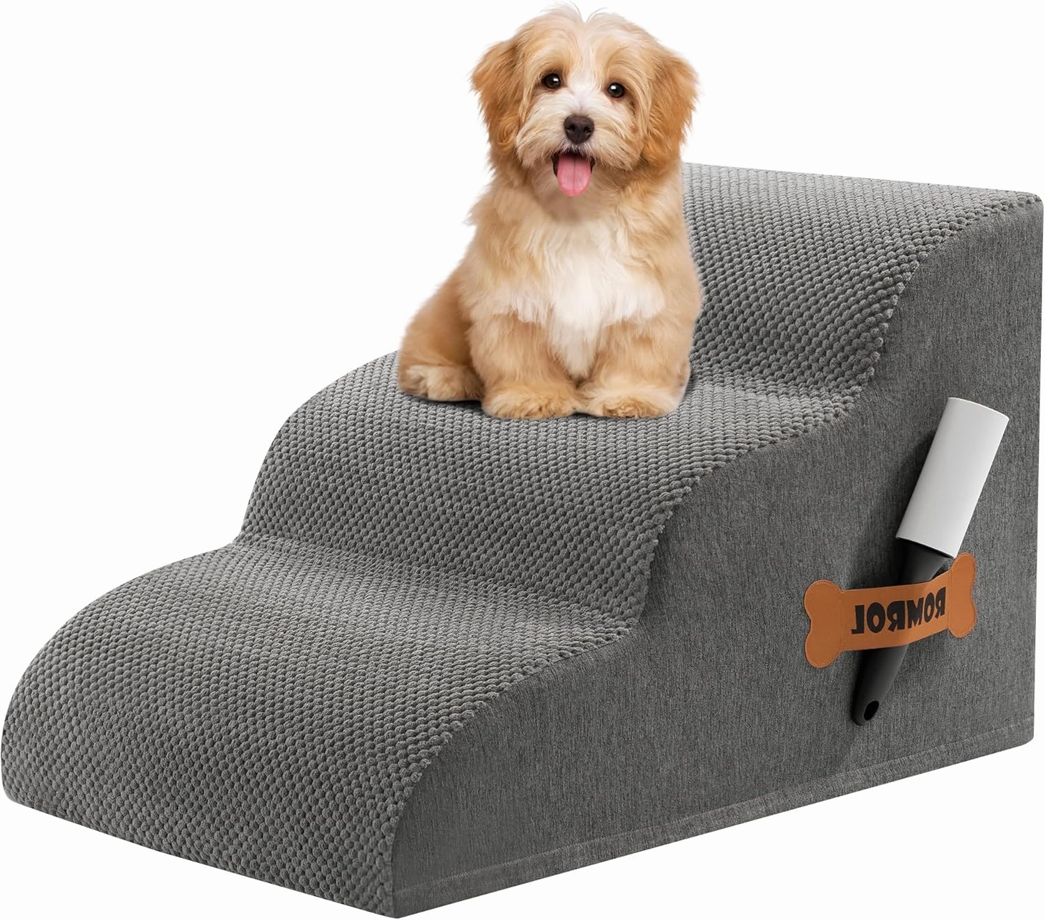 Romrol Dog Stairs Ramp for Beds Couches, Extra Wide Pet Steps with Durable Non-Slip Waterproof Fabric Cover, Dog Slope Stairs for Small Dogs and Cats or Pets Friendly, 3-Tiers, 13 Inch, Grey