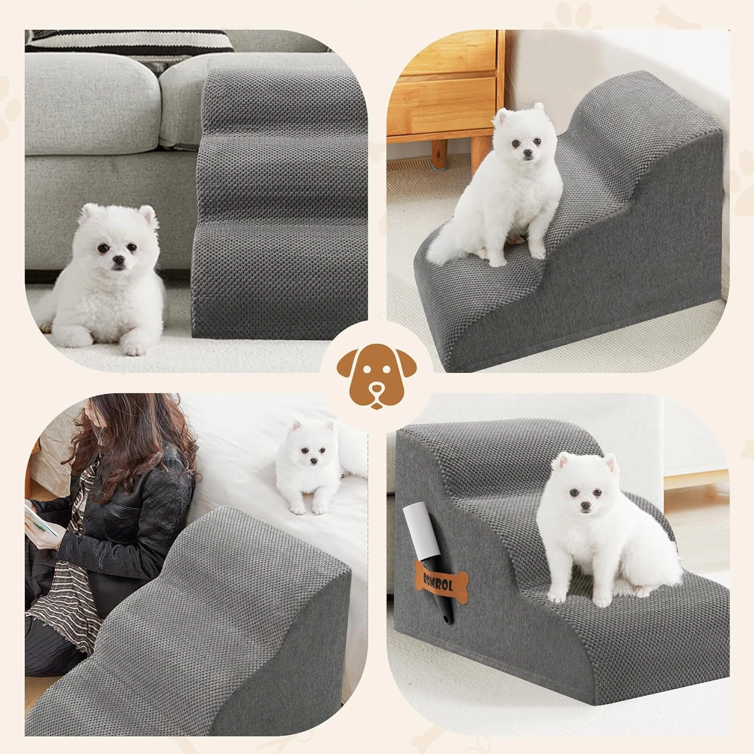 Romrol Dog Stairs Ramp for Beds Couches, Extra Wide Pet Steps with Durable Non-Slip Waterproof Fabric Cover, Dog Slope Stairs for Small Dogs and Cats or Pets Friendly, 3-Tiers, 13 Inch, Grey