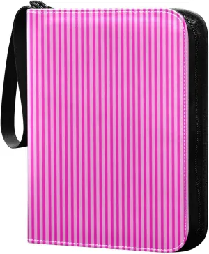 Rose Red Pink Stripes Card Binder 4 Pocket Trading Card Album Fits 400 Sports/Game Cards, PU Cover 3 Ring Card Collection with 50 Removable Sleeves