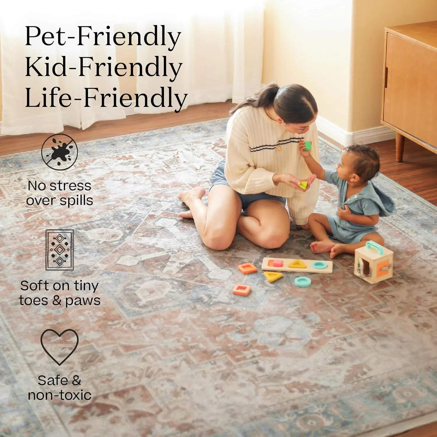 Ruggable Washable 2x10 Runner Rug, Kamran Blue Quartz, Premium Vintage Rugs for Hallway, Kitchen, Entryway, Living Room, Bedroom, Office with Gripper Non Slip Pad