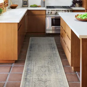 Ruggable Washable 2x10 Runner Rug, Kamran Blue Quartz, Premium Vintage Rugs for Hallway, Kitchen, Entryway, Living Room, Bedroom, Office with Gripper Non Slip Pad