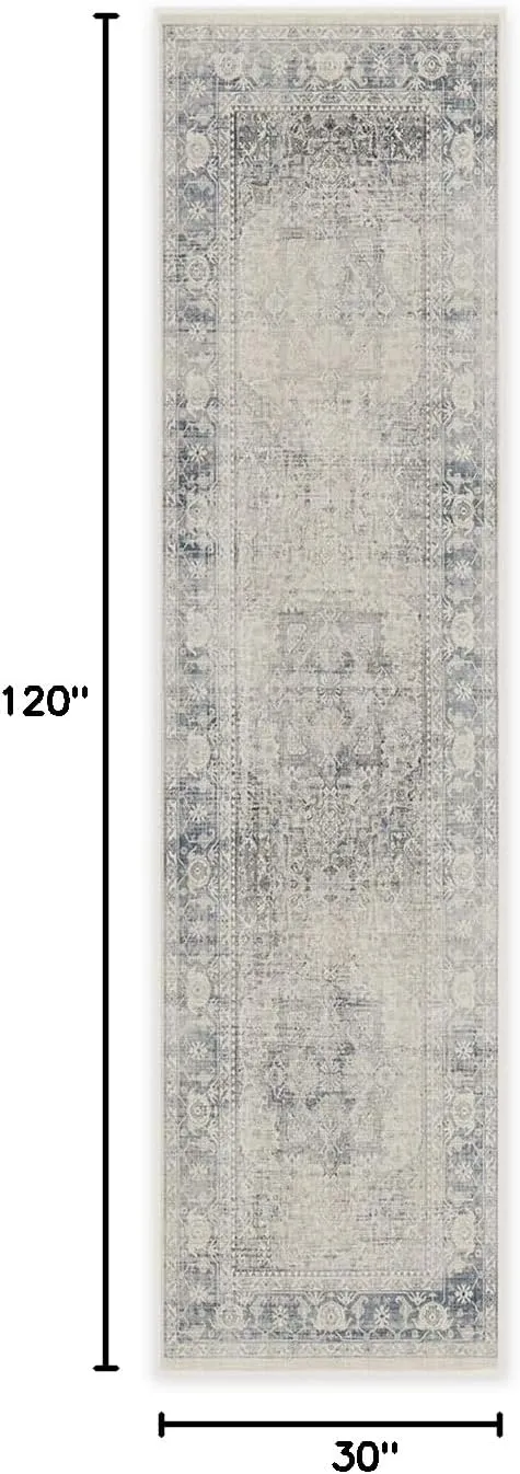 Ruggable Washable 2x10 Runner Rug, Kamran Blue Quartz, Premium Vintage Rugs for Hallway, Kitchen, Entryway, Living Room, Bedroom, Office with Gripper Non Slip Pad