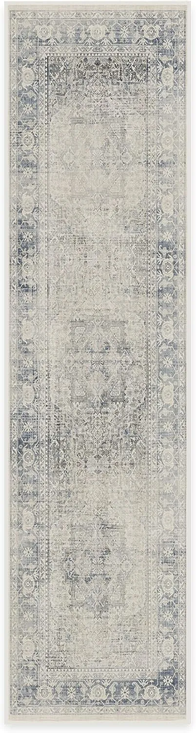 Ruggable Washable 2x10 Runner Rug, Kamran Blue Quartz, Premium Vintage Rugs for Hallway, Kitchen, Entryway, Living Room, Bedroom, Office with Gripper Non Slip Pad