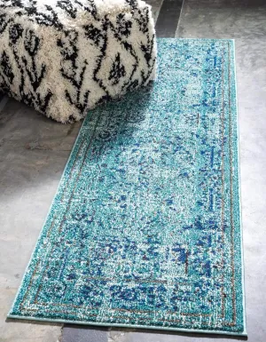 Rugs.com Fleur Collection Rug – 10 Ft Runner Light Blue Medium-Pile Rug Perfect for Hallways, Entryways