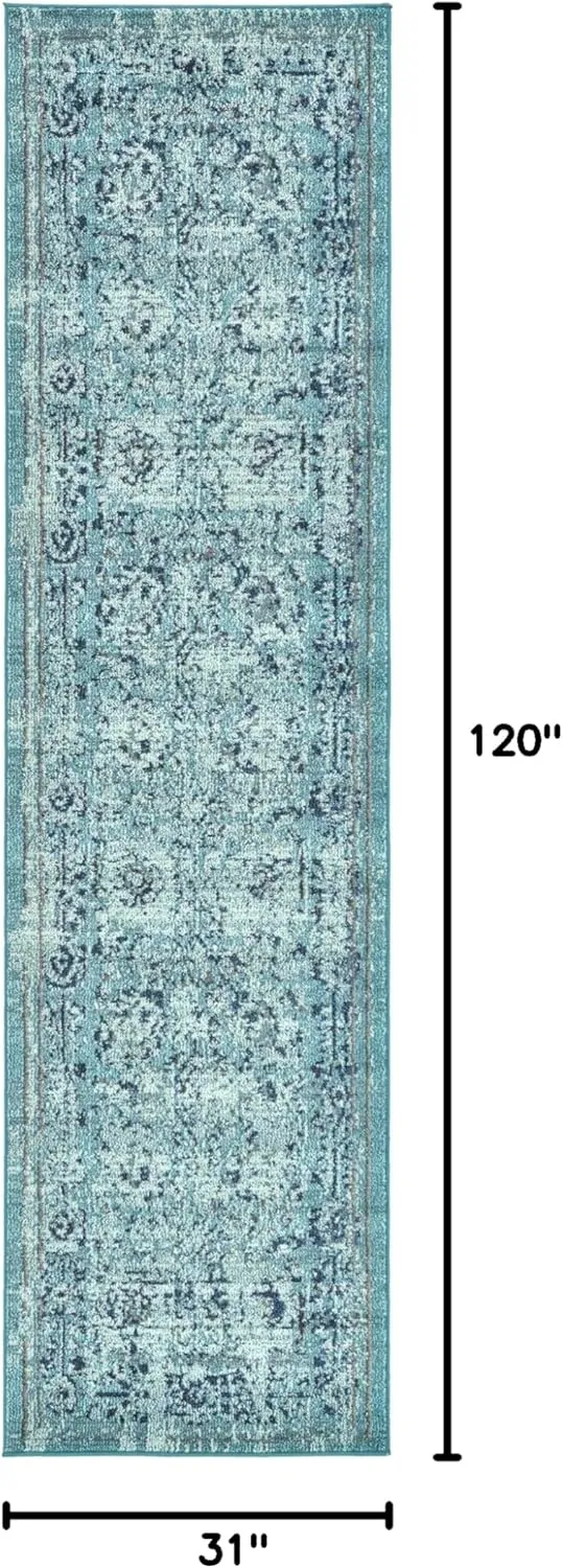 Rugs.com Fleur Collection Rug – 10 Ft Runner Light Blue Medium-Pile Rug Perfect for Hallways, Entryways