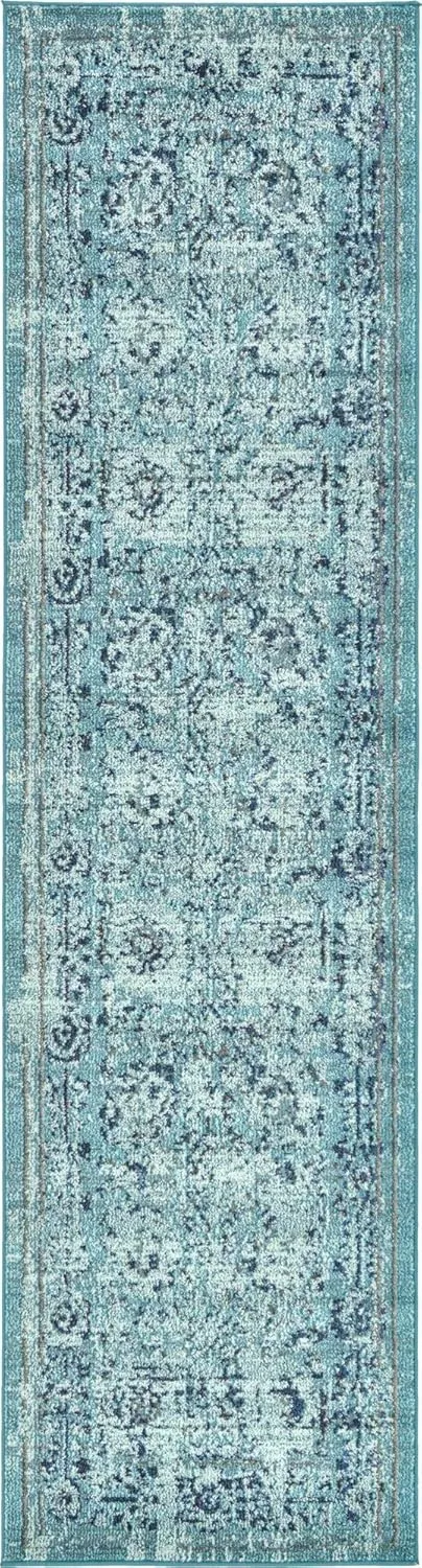 Rugs.com Fleur Collection Rug – 10 Ft Runner Light Blue Medium-Pile Rug Perfect for Hallways, Entryways