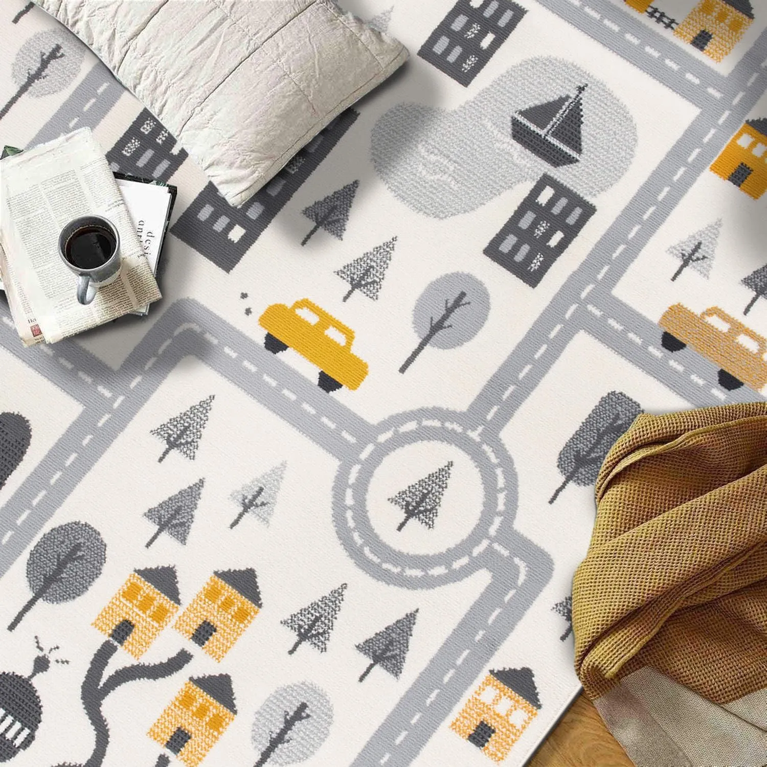 Rugshop Kids Play Road Rug for Playroom,Kidsoom,Nursery Room Interactive Cityscape for Cars and Toys Indoor Soft Area Rug 8' x 10' Cream