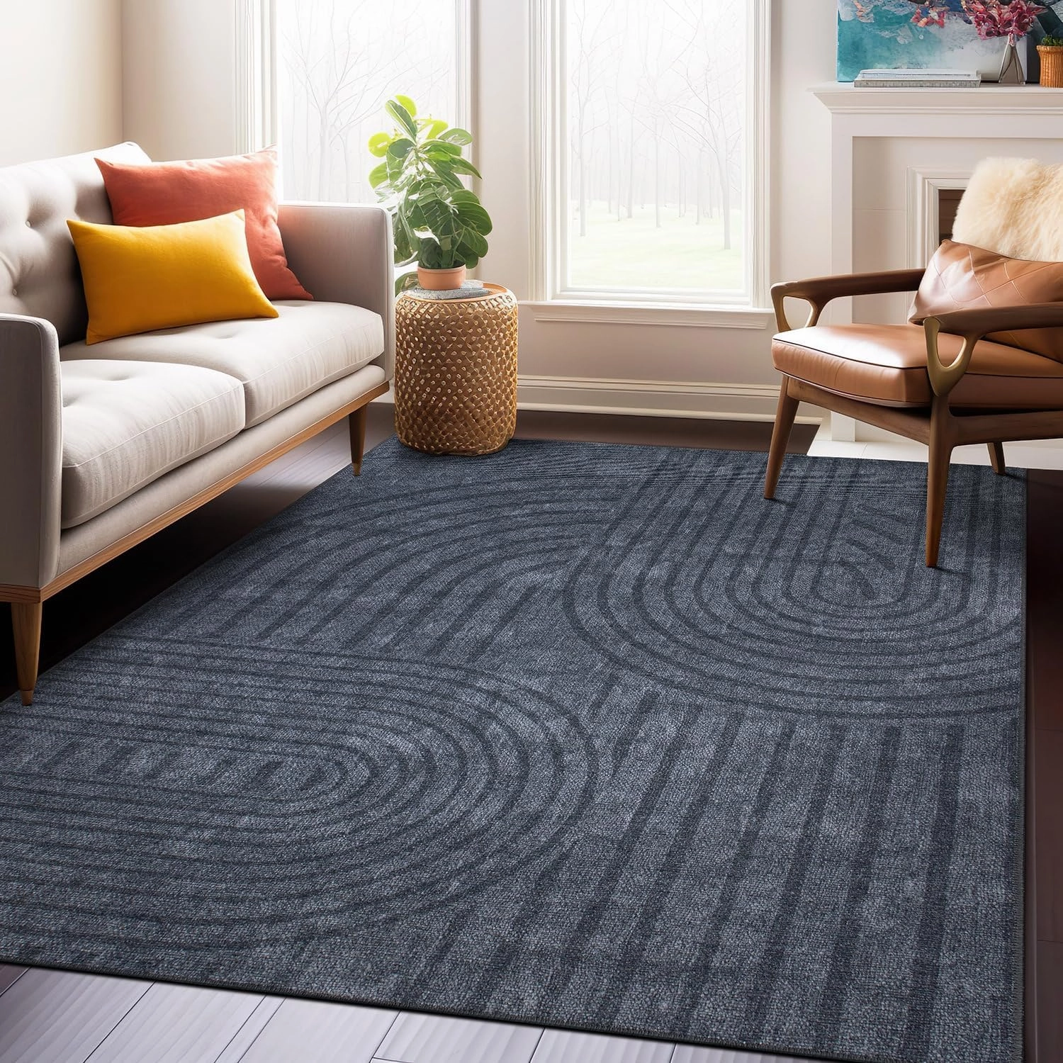 Rugshop Contemporary Lines Plaid Stain Resistant Flat Weave Eco Friendly Premium Recycled Machine Washable Area Rug 10'x14' Dark Gray