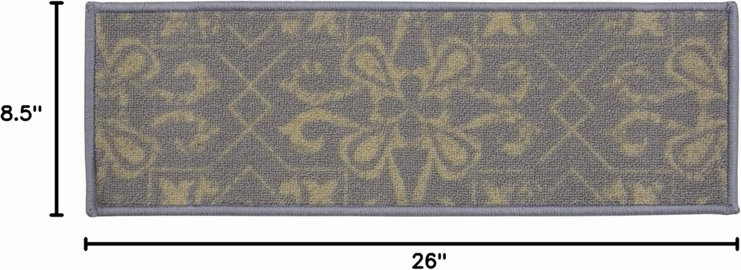 RugStylesOnline Stair Treads Skid Slip Resistant Backing Indoor Carpet Stair Treads Floral Abstract Design 8 ½ inch x 26 inch (1 Piece, Grey Beige)
