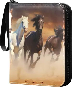 Running Horses Card Binder 4 Pocket Collectible Trading Card Albums with 50 Sleeves Double Side PU Waterproof 3 Ring for Sports & Game Cards
