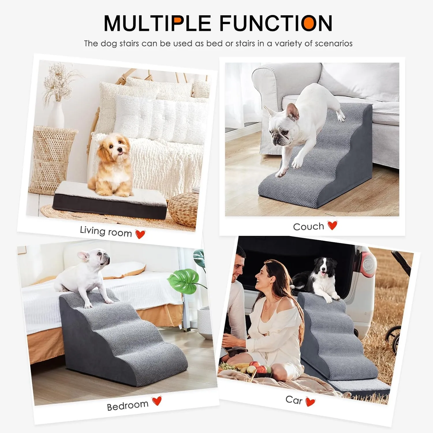 Ryoizen Dog Stairs with Detachable Non-Slip Beds for Small Dogs, Cats & Puppies - Up to 23'' Height, Waterproof Washable Memory Foam Crate Bed