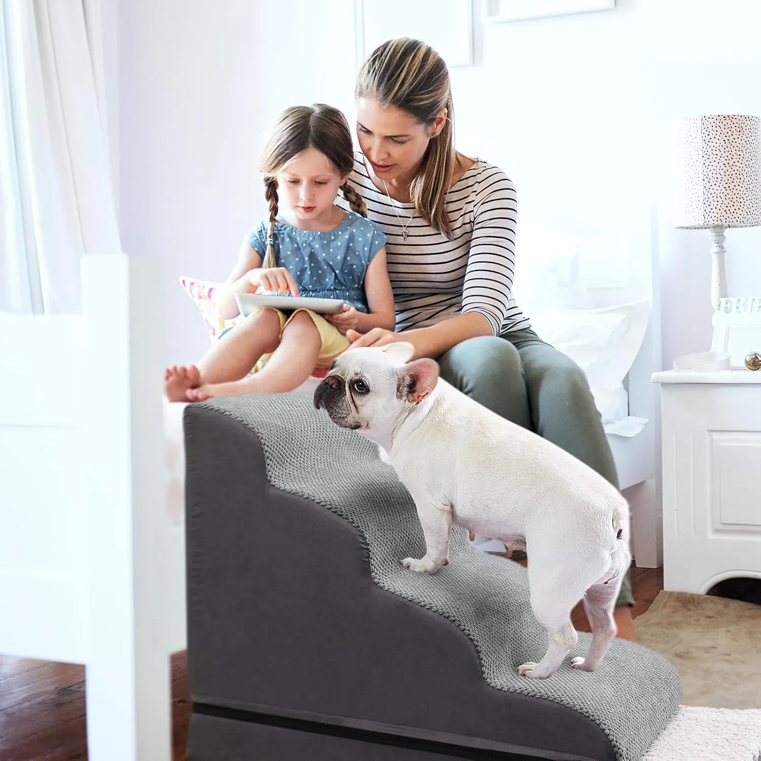 Ryoizen Dog Stairs with Detachable Non-Slip Beds for Small Dogs, Cats & Puppies - Up to 23'' Height, Waterproof Washable Memory Foam Crate Bed