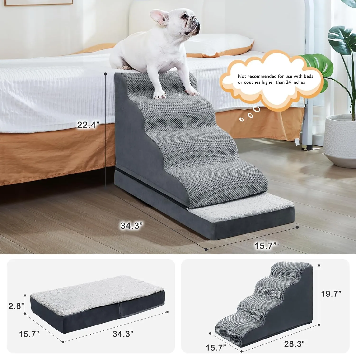Ryoizen Dog Stairs with Detachable Non-Slip Beds for Small Dogs, Cats & Puppies - Up to 23'' Height, Waterproof Washable Memory Foam Crate Bed
