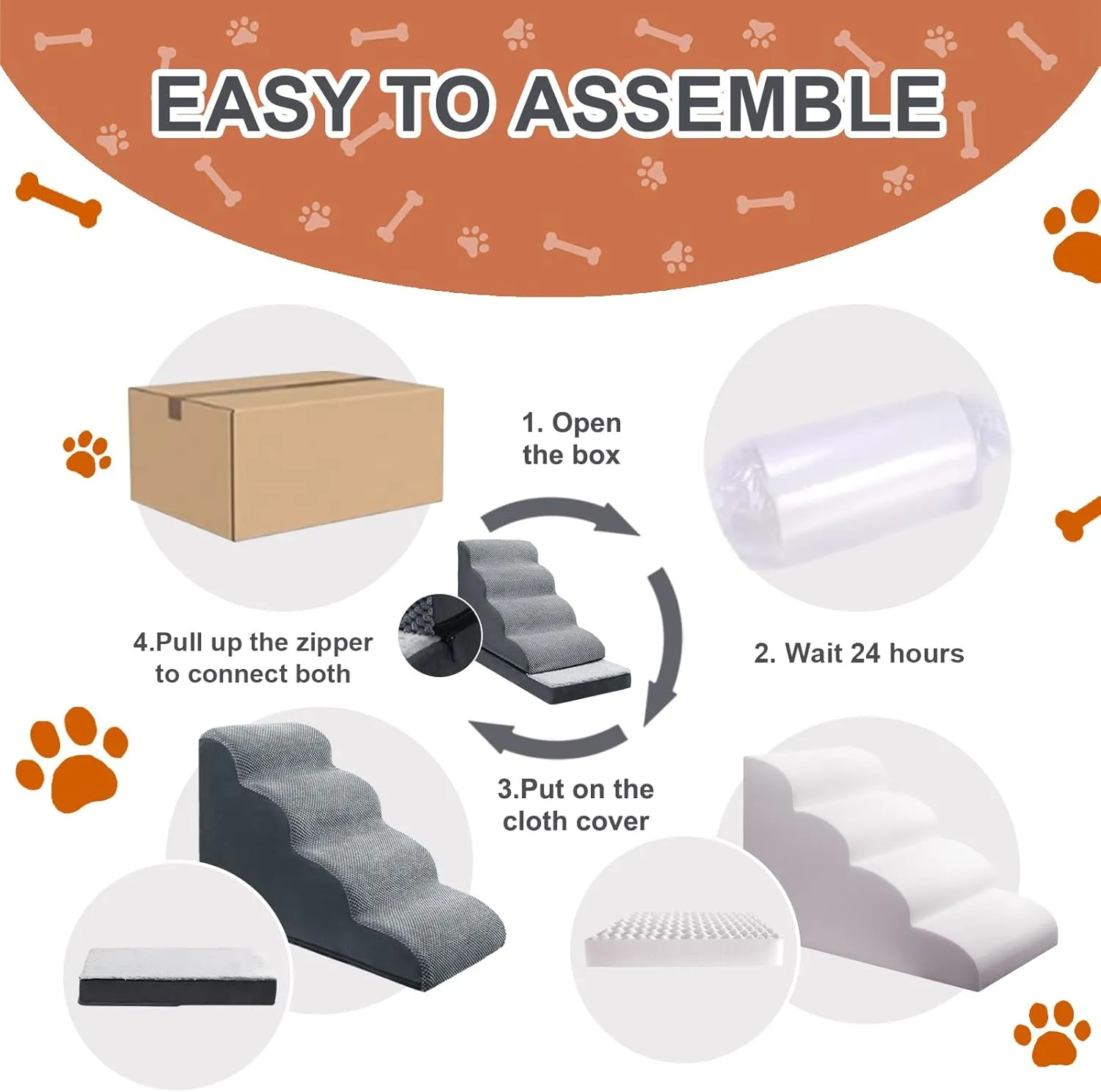 Ryoizen Dog Stairs with Detachable Non-Slip Beds for Small Dogs, Cats & Puppies - Up to 23'' Height, Waterproof Washable Memory Foam Crate Bed