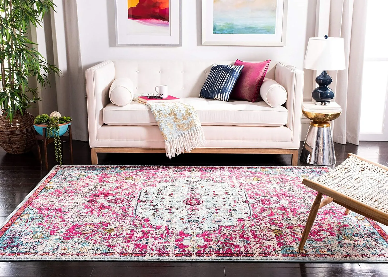 SAFAVIEH Area Rug 8x10 - Madison Collection - Large - Fuchsia & Teal, Boho Chic Medallion Distressed Design, Non-Shedding & Easy Cleaning, Ideal for Living Room, Bedroom, Dining Space (MAD447R)