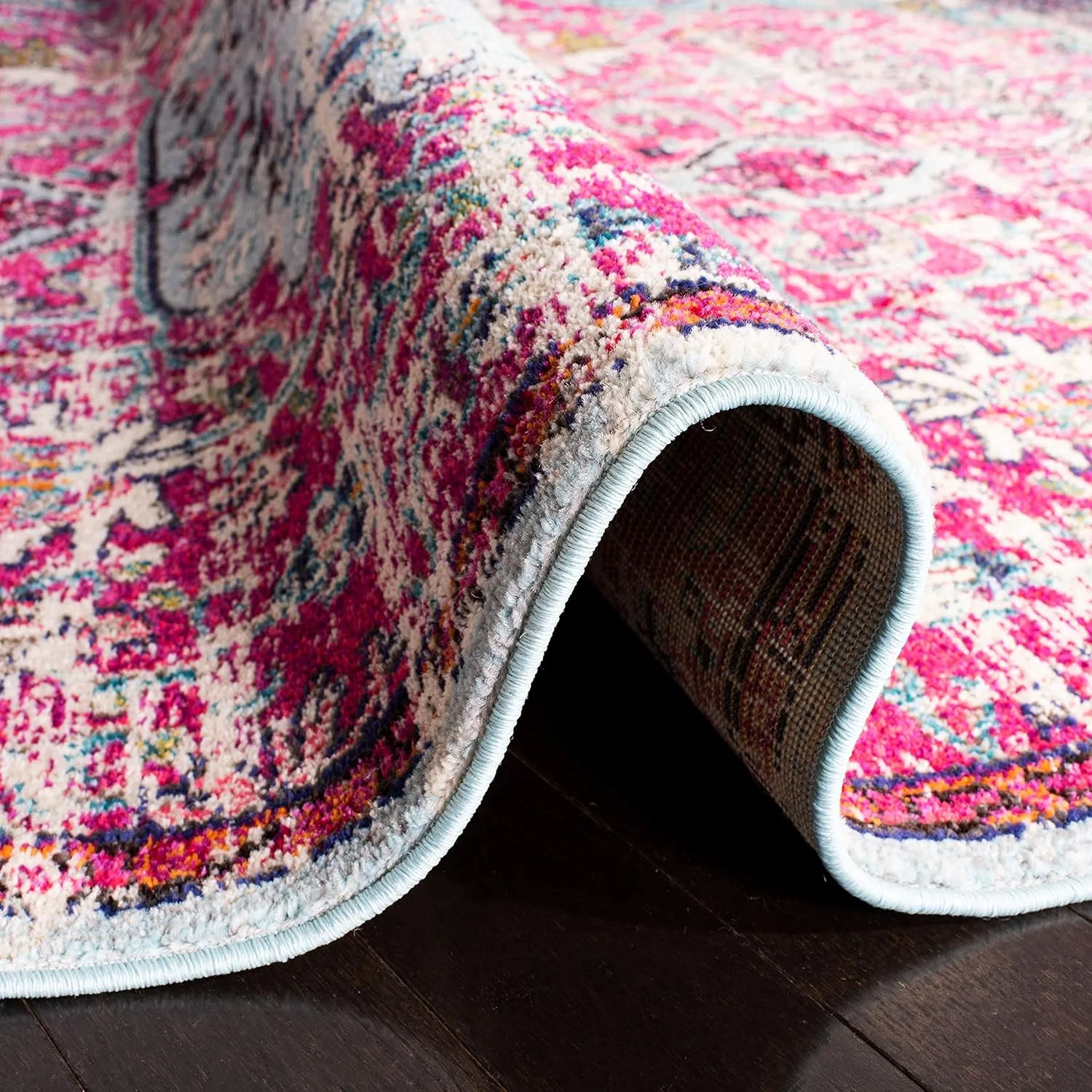 SAFAVIEH Area Rug 8x10 - Madison Collection - Large - Fuchsia & Teal, Boho Chic Medallion Distressed Design, Non-Shedding & Easy Cleaning, Ideal for Living Room, Bedroom, Dining Space (MAD447R)