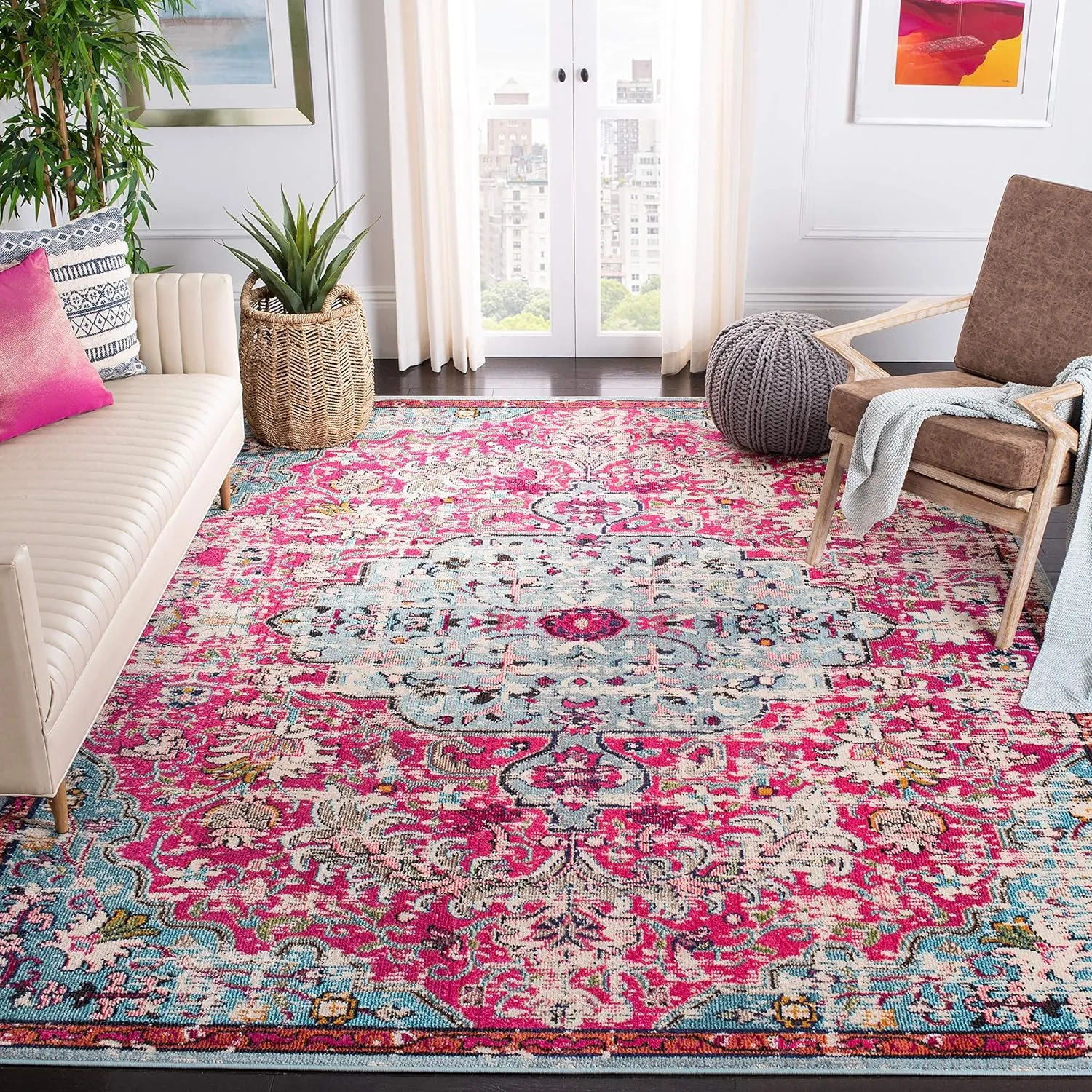 SAFAVIEH Area Rug 8x10 - Madison Collection - Large - Fuchsia & Teal, Boho Chic Medallion Distressed Design, Non-Shedding & Easy Cleaning, Ideal for Living Room, Bedroom, Dining Space (MAD447R)