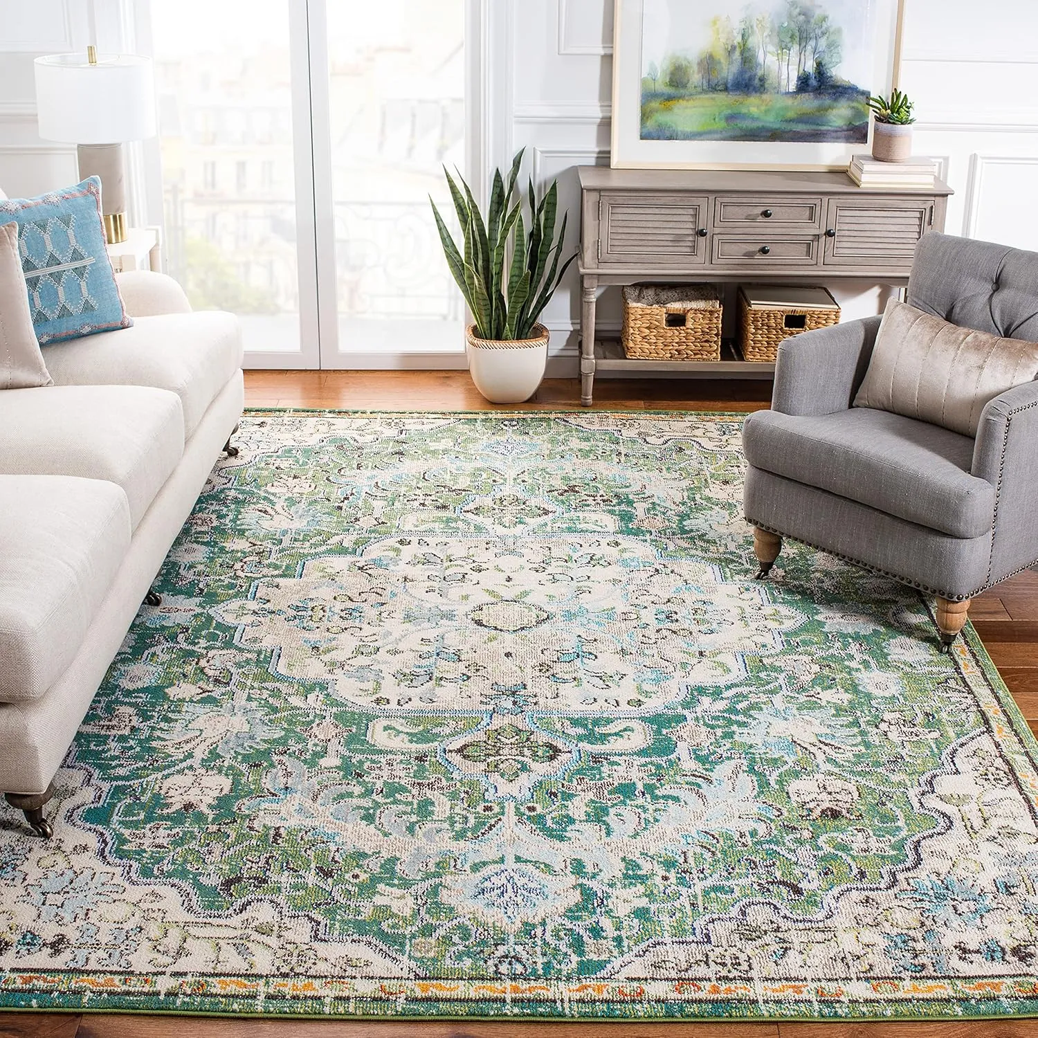 SAFAVIEH Area Rug 8x10 - Madison Collection - Large - Green & Turquoise, Boho Chic Medallion Distressed Design, Non-Shedding & Easy Cleaning, Ideal for Living Room, Bedroom, Dining Space (MAD447Y)