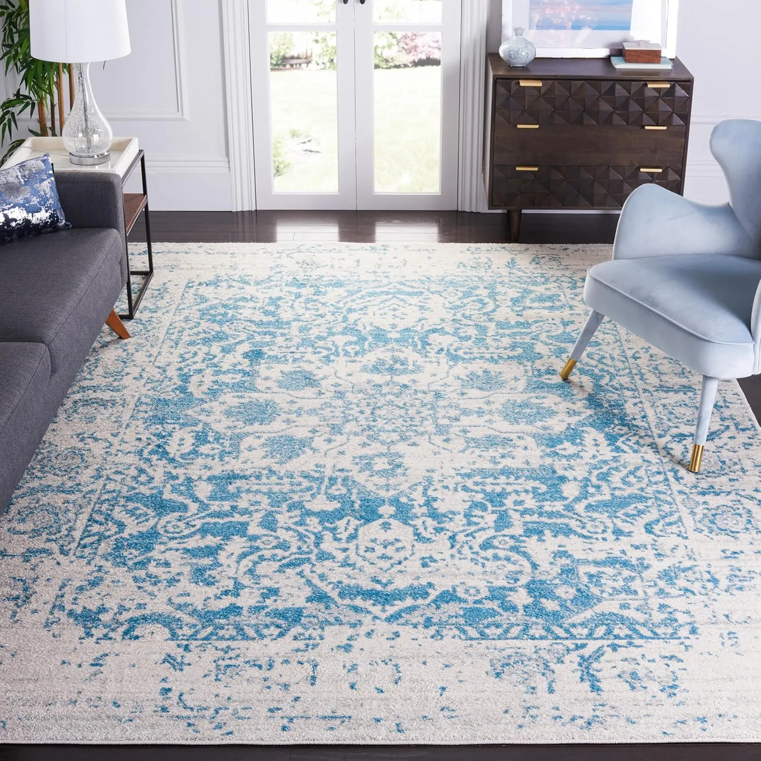 SAFAVIEH Area Rug 8x10 - Madison Collection - Large - Teal & Ivory, Snowflake Medallion Distressed Design, Non-Shedding & Easy Cleaning, Ideal for Living Room, Bedroom, Office, Dining Space (MAD603J)