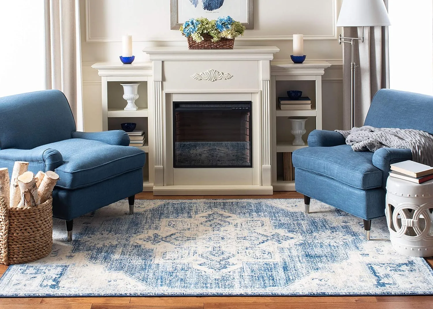 SAFAVIEH Brentwood Collection Area Rug - 8' x 10', Ivory & Navy, Medallion Distressed Design, Non-Shedding & Easy Care, Ideal for High Traffic Areas in Living Room, Bedroom (BNT865A)