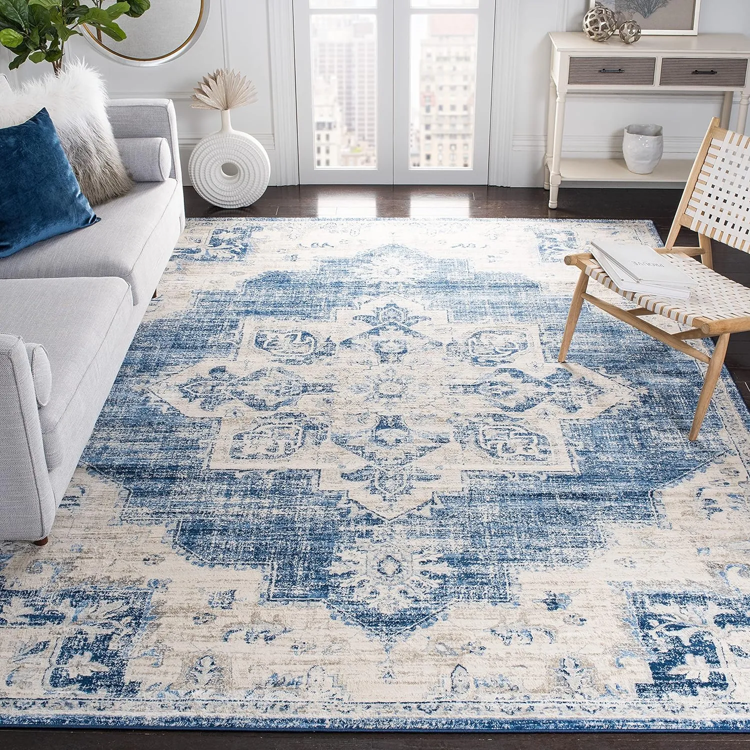 SAFAVIEH Brentwood Collection Area Rug - 8' x 10', Ivory & Navy, Medallion Distressed Design, Non-Shedding & Easy Care, Ideal for High Traffic Areas in Living Room, Bedroom (BNT865A)