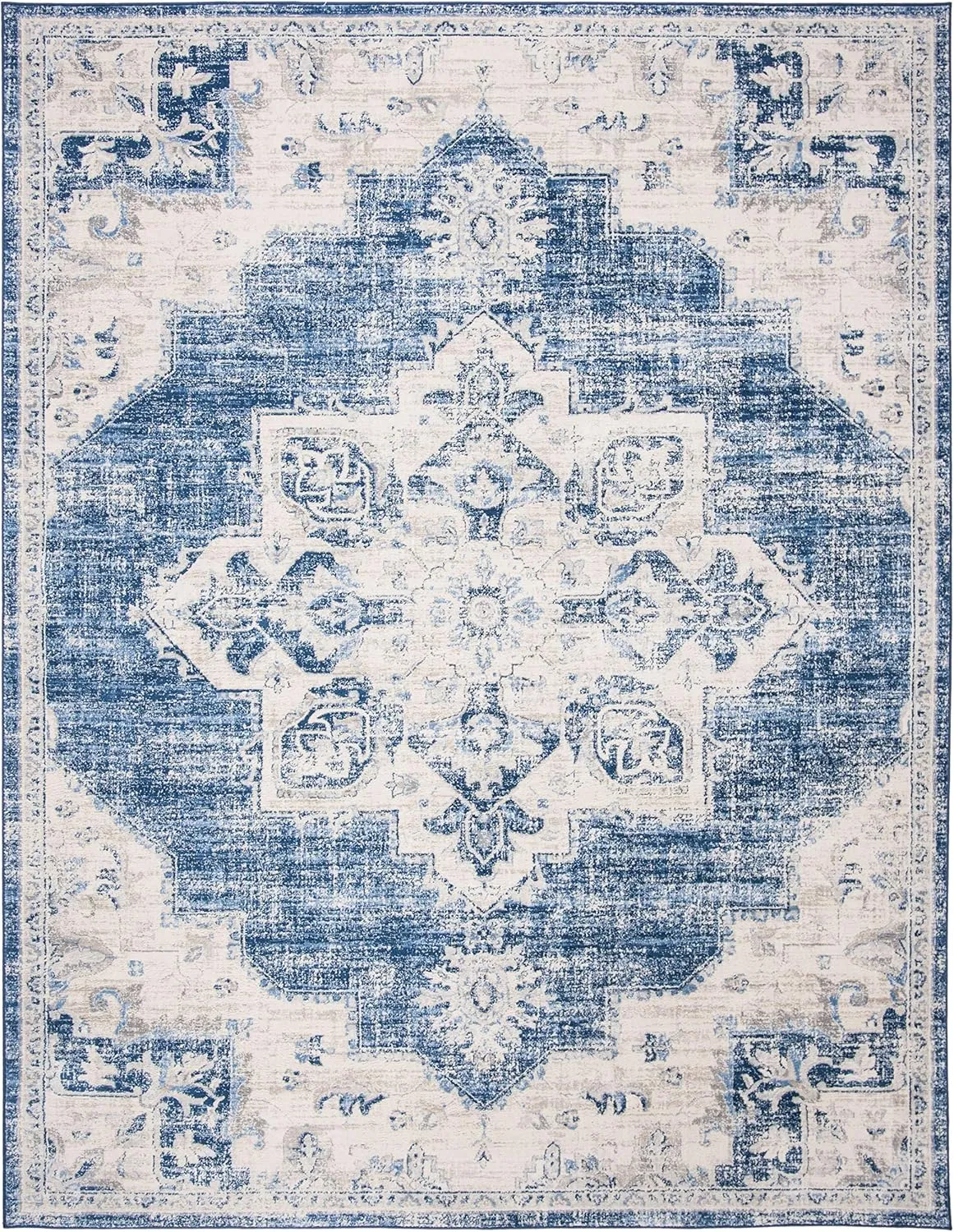 SAFAVIEH Brentwood Collection Area Rug - 8' x 10', Ivory & Navy, Medallion Distressed Design, Non-Shedding & Easy Care, Ideal for High Traffic Areas in Living Room, Bedroom (BNT865A)