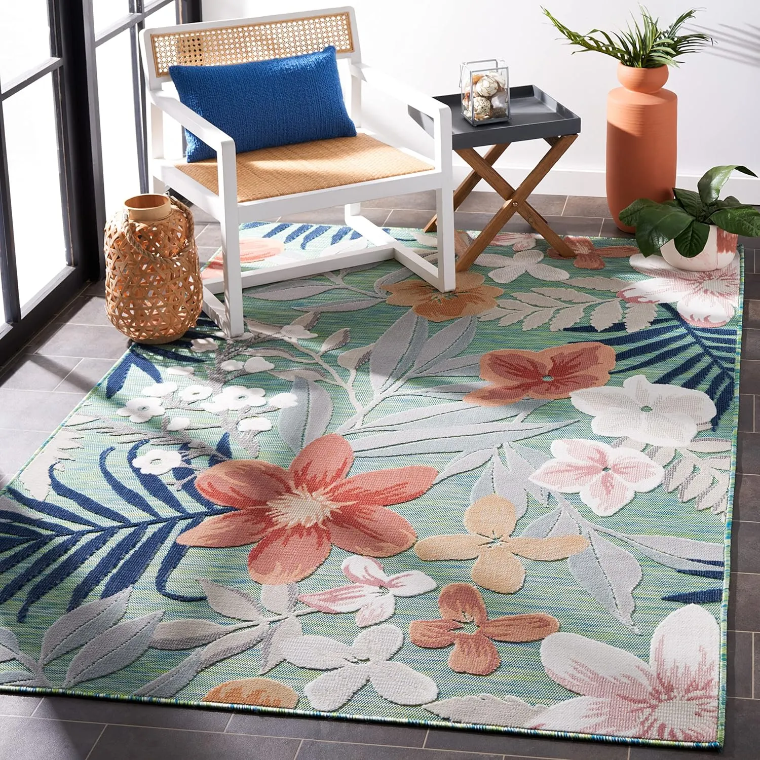 SAFAVIEH Cabana Collection Area Rug - 9' x 12', Green & Rust, Floral Tropical Design, Non-Shedding & Easy Care, Indoor/Outdoor & Washable-Ideal for Patio, Backyard, Mudroom (CBN454Y)