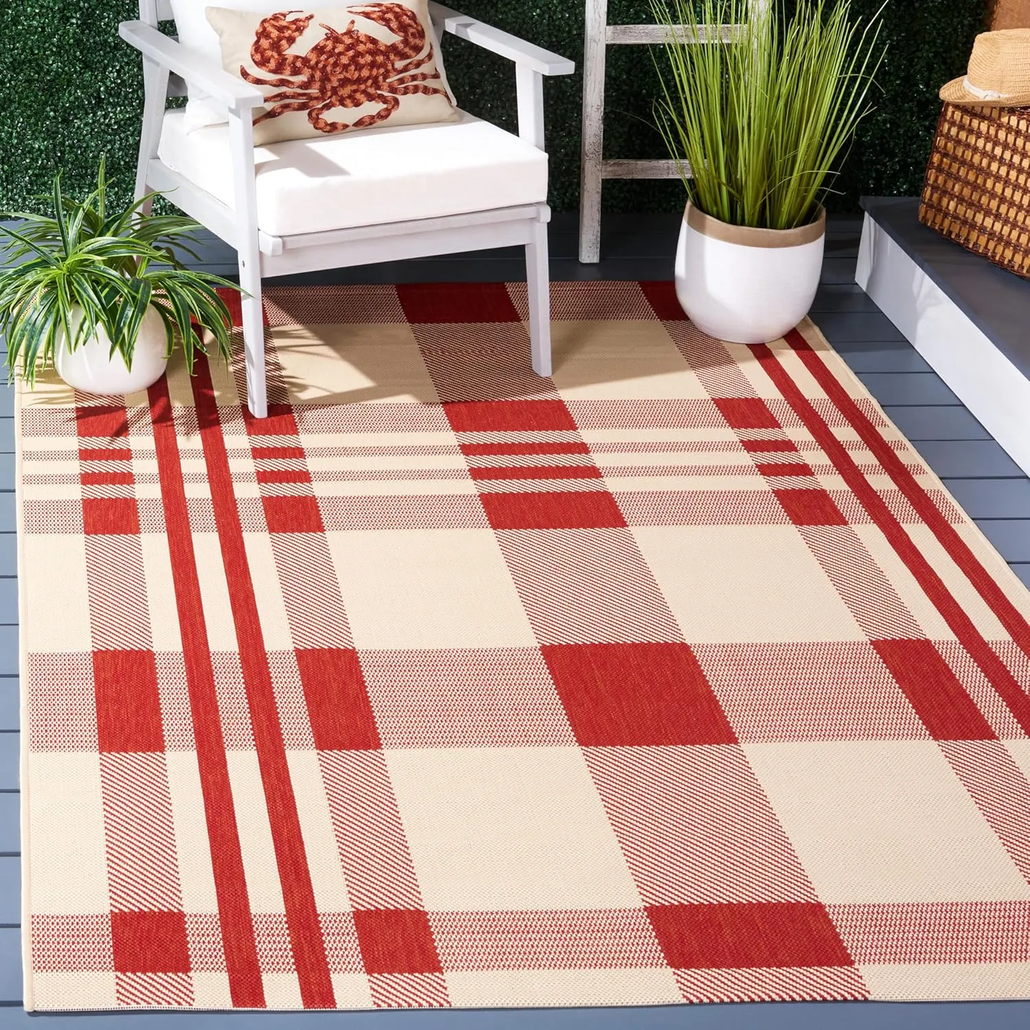 SAFAVIEH Courtyard Collection 5'3' x 7'7' Red/Bone CY6201 Plaid Indoor/ Outdoor Patio Backyard Mudroom Area Rug