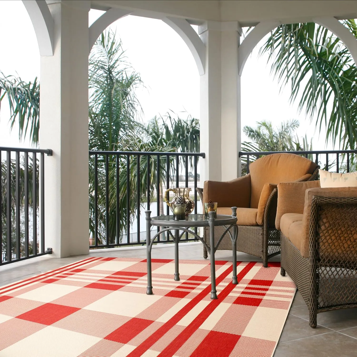 SAFAVIEH Courtyard Collection 5'3' x 7'7' Red/Bone CY6201 Plaid Indoor/ Outdoor Patio Backyard Mudroom Area Rug